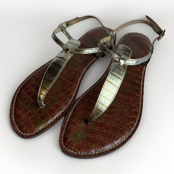 Sam Edelman Gigi Gold Sandals Size 9.5 Thong Slingback Flat Faux Crocodile - Picture 1 of 10
